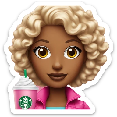 Barbie girl with curly hair holding Pink starbucks refresher sticker