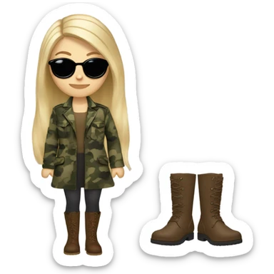 White girl with Long blonde hair and round sunglasses, camouflage Wool oversize blazer, mini dress and Brown leather boots  sticker