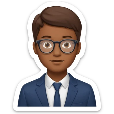 a man in his early 20s wearing glasses for a tech company, his job is marketer, extroverted, brown hair sticker