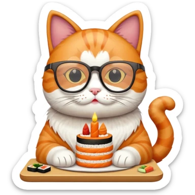 cat with cool square shaped glasses eating a birthday cake made out of sushi sticker