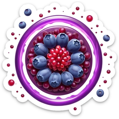 Blueberries, pomegranate, purple grapes, and dark chocolate floating in a bright purple vortex. A glowing shield surrounds cells, dissolving dark shadow particles representing free radicals. The protective light extends throughout the body, showing antioxidants' protective effects. sticker