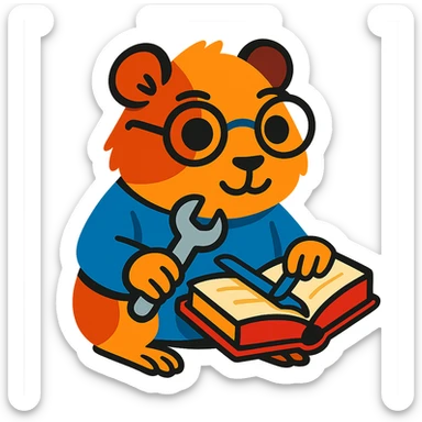 studious guinea pig with glasses, holding a wrench and fixing a book, vibrant toon style sticker