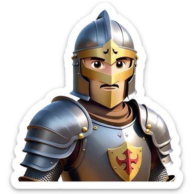 clash-of-clans-aesthetic_-cinematic-fearsome-and-majestic-knight-bust-portrait-emoji, rendered in a flat, vector-style with minimal shading and bold, simplified shapes, depicting a battle-ready medieval knight with steely eyes and intricate armor, mounted on a warhorse reflecting sunlight over a misty battlefield. sticker