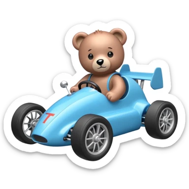 dar crystal blue and rosegold-accented rc racing car driven by a small cute teddy business bear with rear spoiler, roll bar, and wheely bar sticker