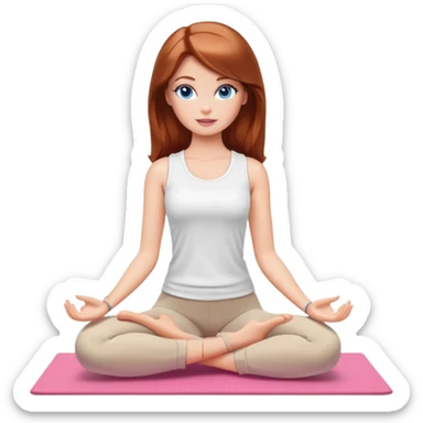 A Barbie girl with blue eyes, shoulder-length reddish-brown hair, made-up, wearing a white T-shirt and beige leggings, does yoga sticker