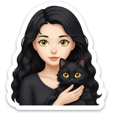 una ragazza di circa 25 anni, capelli lunghi ondulati neri con in braccio un gatto nero sticker