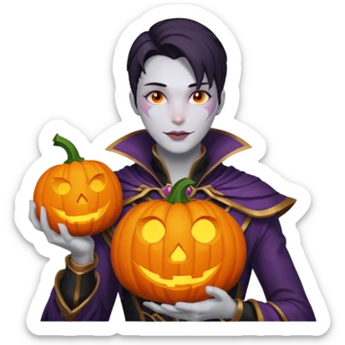 jhin from league of legends with a pumpkin in hand sticker