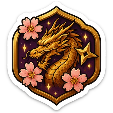 Edit the badge with a transparent background sized for Twitch or Discord. Change the badge background to a rich purple with gold accents. Make the Japanese dragon inside less cartoonish and more elegant and detailed, while keeping the Japanese crest shape, sakura flowers, ninja star, and sparkly effects. Use bold anime-style highlights and shading, but make the dragon look more realistic and traditional in style. sticker
