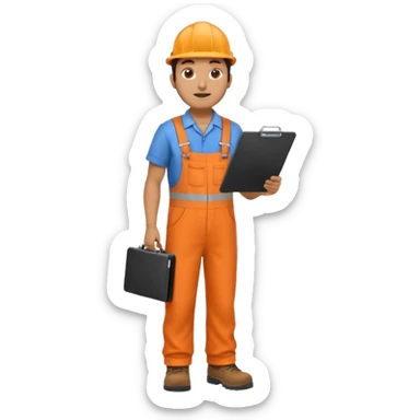 Indian male railway engineer orange overalls, boots holding a clipboard back view sticker