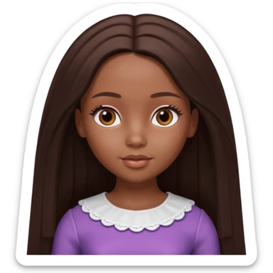 Boneca digital em estilo 3D realista e fofo, semelhante a uma boneca colecionável. Mulher jovem com pele negra, olhos castanhos escuros, cabelo liso cor chocolate, longo e bem alinhado.  sticker