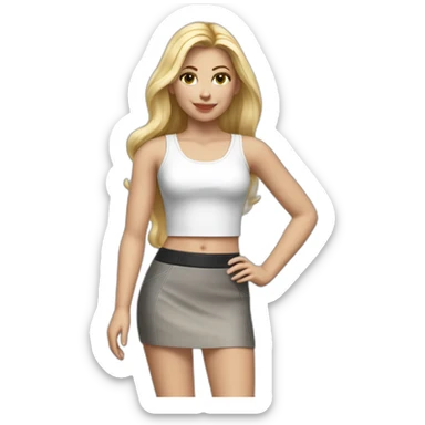 hyperrealist caucasian female with long blonde hair brown eyes white tank top gray tight mini skirt black high heeled shoes sticker