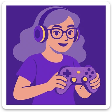 Add yellow accents to the details such as controller buttons, headphone trim, or accessories. Change her hair color to a soft grey-purple. Keep the vibrant toon style with purple and lilac as the main colors. sticker