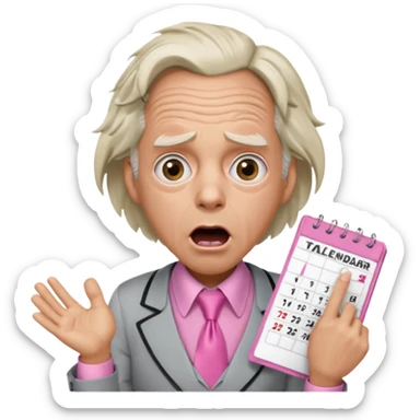 Doc Brown, in Back to the Future, looking shocked, mouth wide open, with a shocked expression. Without glasses. Wearing a silver dress with black trim, a pink collared shirt and a white tie, holding a calendar. sticker