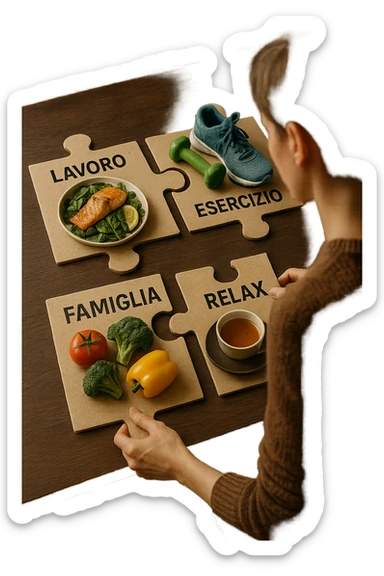 realistica cinematic photo a person is surrounded by puzzle pieces, each representing a different aspect of their life (Lavoro, Esercizio, Famiglia, Relax), and healthy foods are integrated into each piece. The person assembles the puzzle, creating a complete, personalized nutrition plan. The mood is uplifting and creative. in italiano sticker