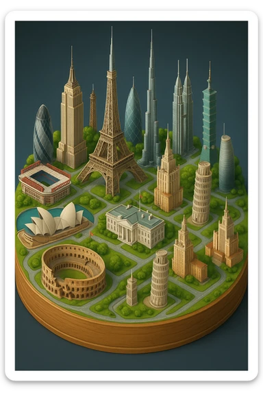 Оставь основу картинки - деревянную подставку, но при этом сгенерируй изометричная, яркая, детализированная и фотореалистичная иллюстрация где будет самые узнаваемые здания мира Эмпайр Стейт Билдинг, Эйфелева башня, Колизей, Сиднейская опера, стадион Сан-Сиро, Белый Дом Пизанская башня, здание МГУ, Бурдж-Халифа, Башни Петронас, Небоскрёб Фостера в Лондоне, Рейхстаг, Тайбэй sticker