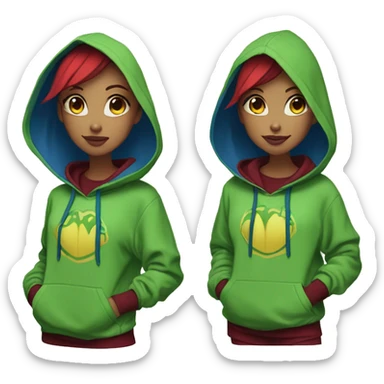 Lady with brunette and iridescent blue hair, gold, lime green dragon wings, maroon hoodie, 420, black and gold Nike t shirt, and bright red eyes sticker