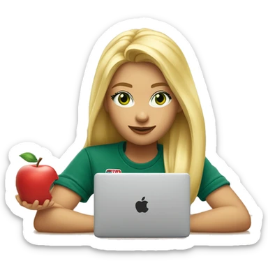 A beautiful blonde girl with green eyes and tommy jeans t-shirt is sitting at a laptop, an apple-style emoji sticker
