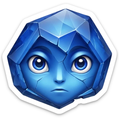 A single sapphire-blue faceted rock head, chunky and worn, with very visible big cracks and chipped facets but still shiny, big kind eyes sticker