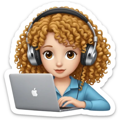 curly hair girl with headphones and a laptop sticker