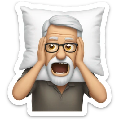 Older man with glasses and grey beard screaming into a pillow sticker