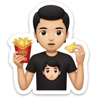 a pretty bratz guy with curly black hair in in black tshirt eating chips sticker