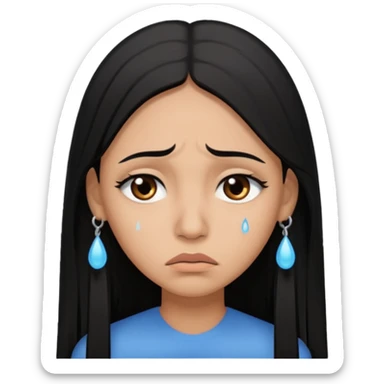 Sad crying woman with long straight black hair, brown skin tone, teardrops on face, worried eyebrows, neutral mouth sticker