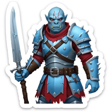 Fantasy Christmas orc legion soldier icon, iron tundra army theme, heavy winter armor, disciplined brutal look, cold steel armor cracked with frozen crimson lines, bloodfrost effect, icy blue and dark red color palette, minimal clean emoji style sticker