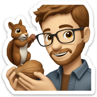 A man with brown hair, glasses and fair skin, feeds a squirrel with walnut sticker