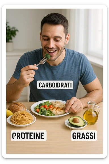 uomo che fa alimentazione attraverso i giusti macronutrienti. Scritte in ITALIANO immagine 4k realistica sticker