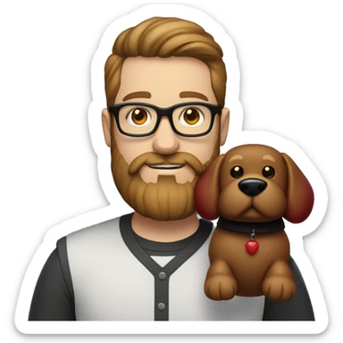 Heavy white young dad, with a big brown beard and black rectangle glasses and brown hair he’s holding a red balloon animal shaped like a dog sticker