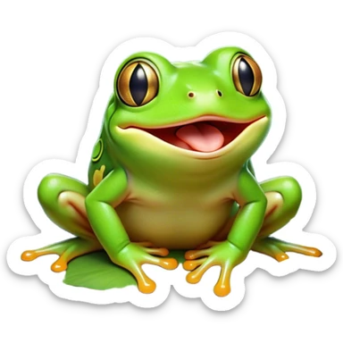 Cinematic Cute Yawning Green Tree Frog Portrait Emoji, Head tilted slightly with a dramatic, wide-open yawn, showcasing a compact, vivid green body with gently drooping eyelids and half-closed, drowsy eyes, Simplified yet irresistibly adorable features, highly detailed, glowing with a soft, cozy jungle glow, high shine, relaxed yet expressive, stylized with a dash of whimsical amphibian charm, soft glowing outline, capturing the essence of a drowsy yet affectionate green tree frog that appears ready to stretch out for a nap! sticker