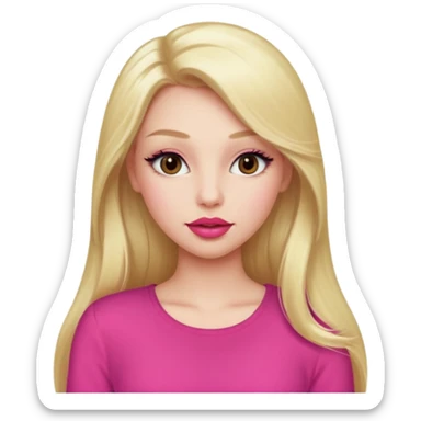 a girl with long eyelashes a pink outfit, long blonde hair, and big lips with red lipstick sticker