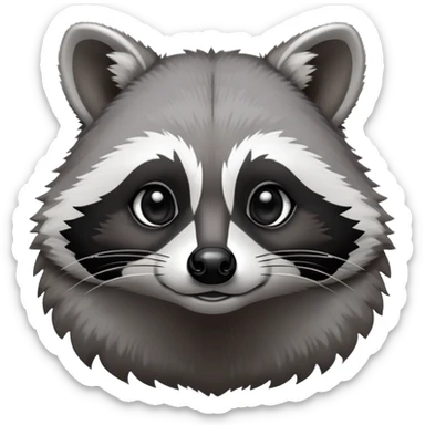 Cinematic-Noble-Raccoon-Portrait-Emoji – Poised and confident, with a sturdy build and a beautifully textured fur of silver-grey accented by dark black facial markings, deep-set, big black eyes, simplified yet sharp and sophisticated zoom out to show shoulders sticker