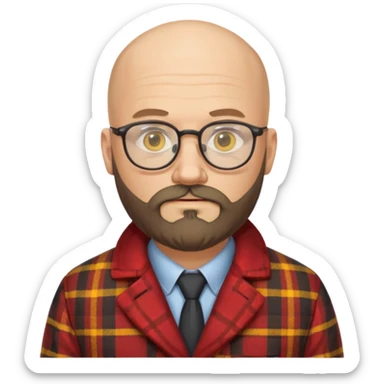 Un profesor calvo, que tenga barba abundante, lleva gafas con el cristal de color amarillo y un abrigo de cuadros rojo sticker