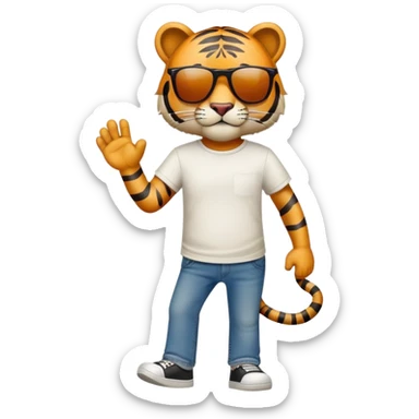 anthropomorphised tiger in a band t-shirt and jeans wearing sunglasses walking upright sticker
