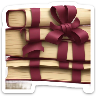 burgundy books stacked up and tied together by a burgundy bow sticker