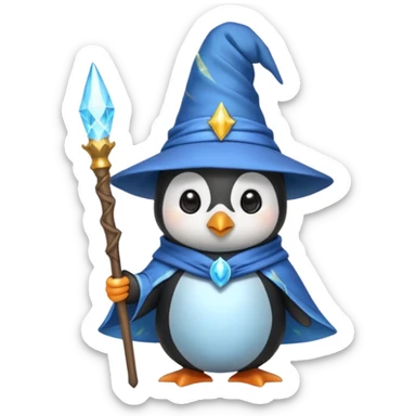 cute penguin dressed as a wizard with a pointy hat and magic staff, emoji style sticker