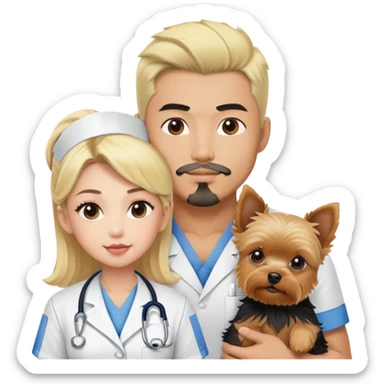 Blonde nurse next to black haired Korean Asian handsome muscular man.  black pointy hair full goatee.   Holding one blonde yorkie.  sticker