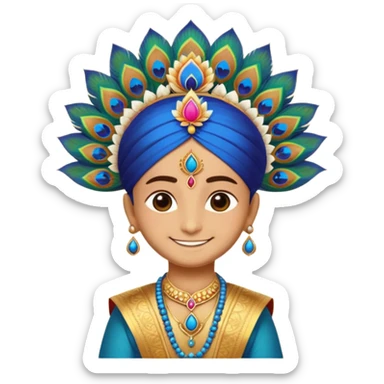 Create a cute and divine emoji of Khatu Shyam Ji with a charming smile, glowing aura around the head, traditional Rajasthani attire, peacock feather on the crown, tilak on the forehead, holding a lotus flower, with a soft golden background and spiritual energy radiating from the emoji face." sticker