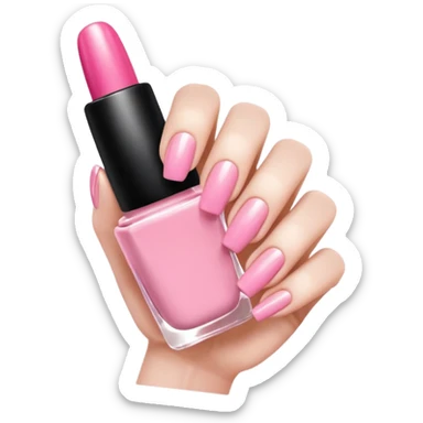  pink close-up of a hand with beautifully manicured nails, glossy pink nail polish, elegant nail shape, soft lighting and shadows, realistic style, sticker