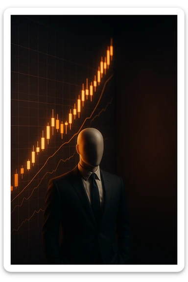 Cinematic 3D render of a faceless mannequin in a suit, standing in front of a giant glowing stock market graph (candlesticks, charts). Large empty wall space on the right for text overlay. Dramatic lighting, deep contrast, epic finance atmosphere. sticker