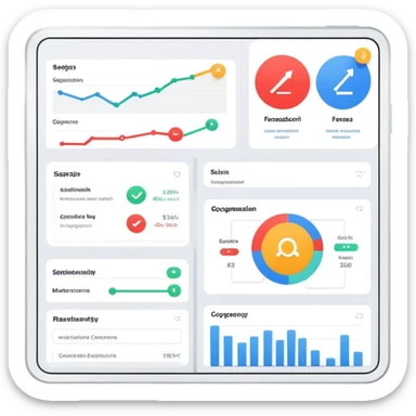 Organizational management system with feedback mechanisms, dashboard with arrows showing information flow, circular process with reports and comments sticker