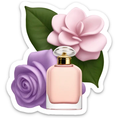 Aesthetic view of blush pink gardenias with a classic violet perfume bottle.
 sticker