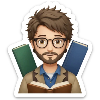 generate an ios genmoji of a fair 20 year guy with faint beard, spectacles, messy hair, books in hand sticker