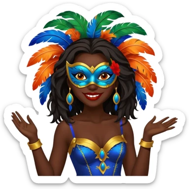 i need the same girl in "dark skin girl, dark red lipstick, nails very beautiful" to be smiling in "carnival mas costume, blue, green and orange preferably, full costume feathers at the back" she is to be smiling, hair should be dark shoulder length, black nail polish on her fingers  sticker