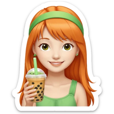 Create an emoji of a fair-skinned woman with long orange hair, bangs, and a green headband, holding a cup of bubble tea. sticker