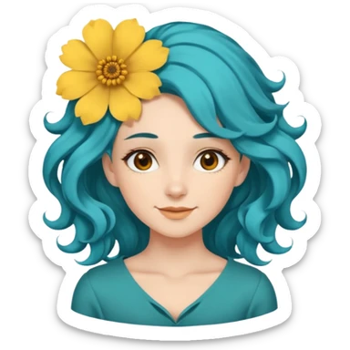 A woman with wavy teal-blue hair styled in loose curls. Her hair is adorned with large golden-yellow flower petals She has soft brown eyes, smooth skin, and a small friendly smile on her face. sticker