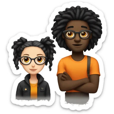Black guy with dreads and glasses and a white girl with dark black hair holding an orange cat sticker