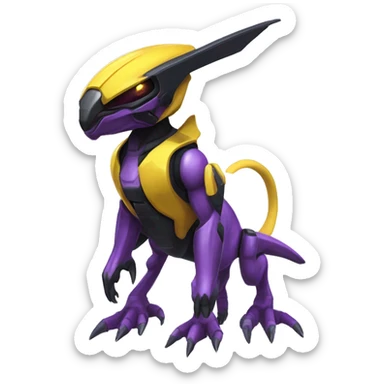 a shiny black-purple-yellow Genesect-Raptor-Fakémon—hybrid with a futuristic visor-helmet full bod sticker