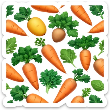 Plant sources of vitamin A (carotenoids): carrots, sweet potatoes, spinach, kale, mangoes, and apricots glowing with a soft orange-yellow light representing their provitamin A content that needs to be converted by the body. sticker